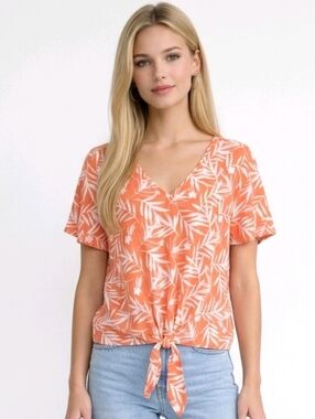 Nine Britton Orange Leaf Patterned V-neck Flutter Sleeve Front Tie Blouse Sz M